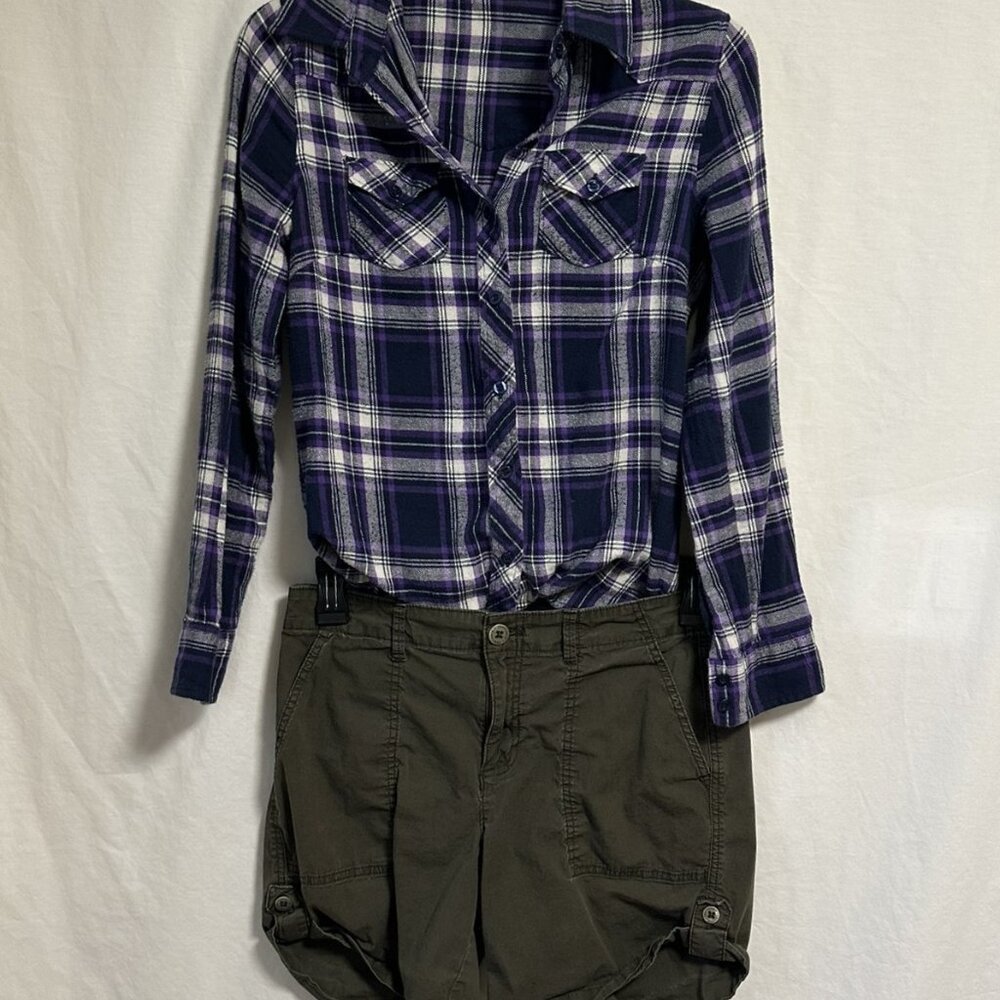 Forever 21 Purple Plaid Western Flannel Shirt - 100% Cotton - Size Small Petite - Picture 2 of 10